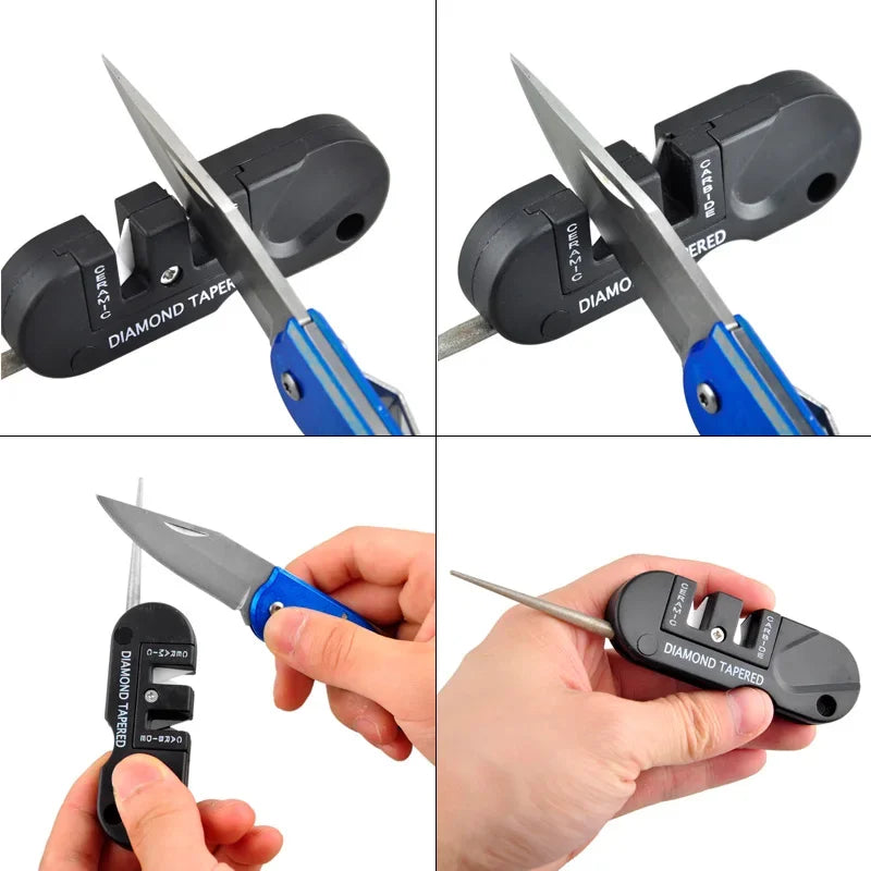Mini Affûteur de Couteaux 3-en-1 – Aiguiseur Portable en Carbure de Tungstène, Céramique et Diamant pour Camping et Randonnée