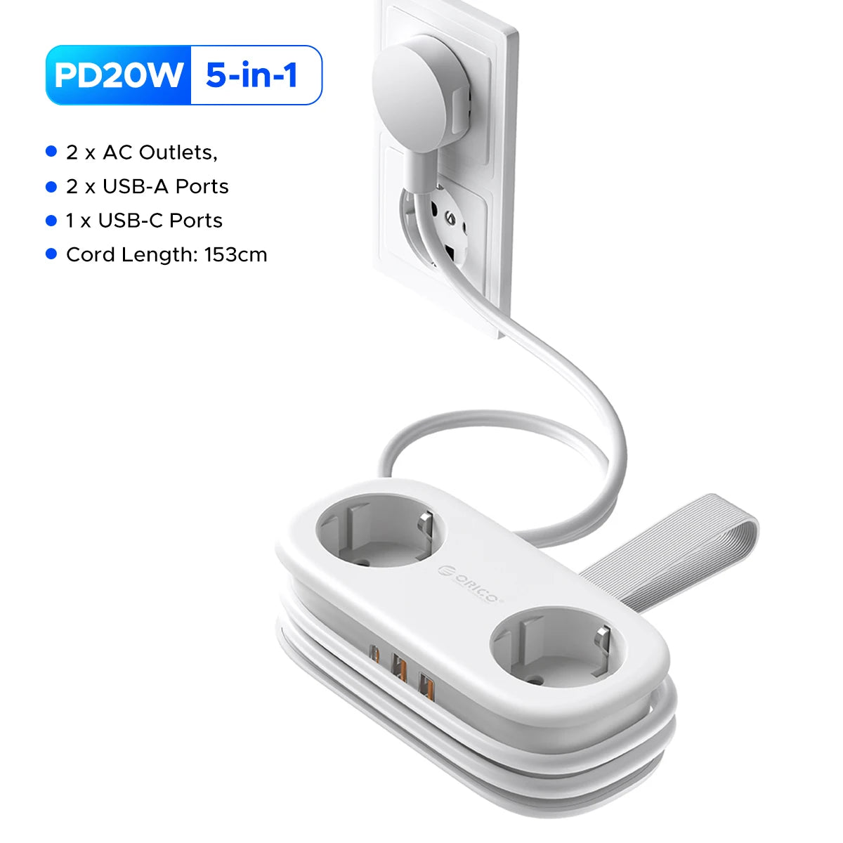 Multiprise Voyage Compacte 20W 2 Prises AC + 2 USB + Type-C — Câble 1.53m, Pliable