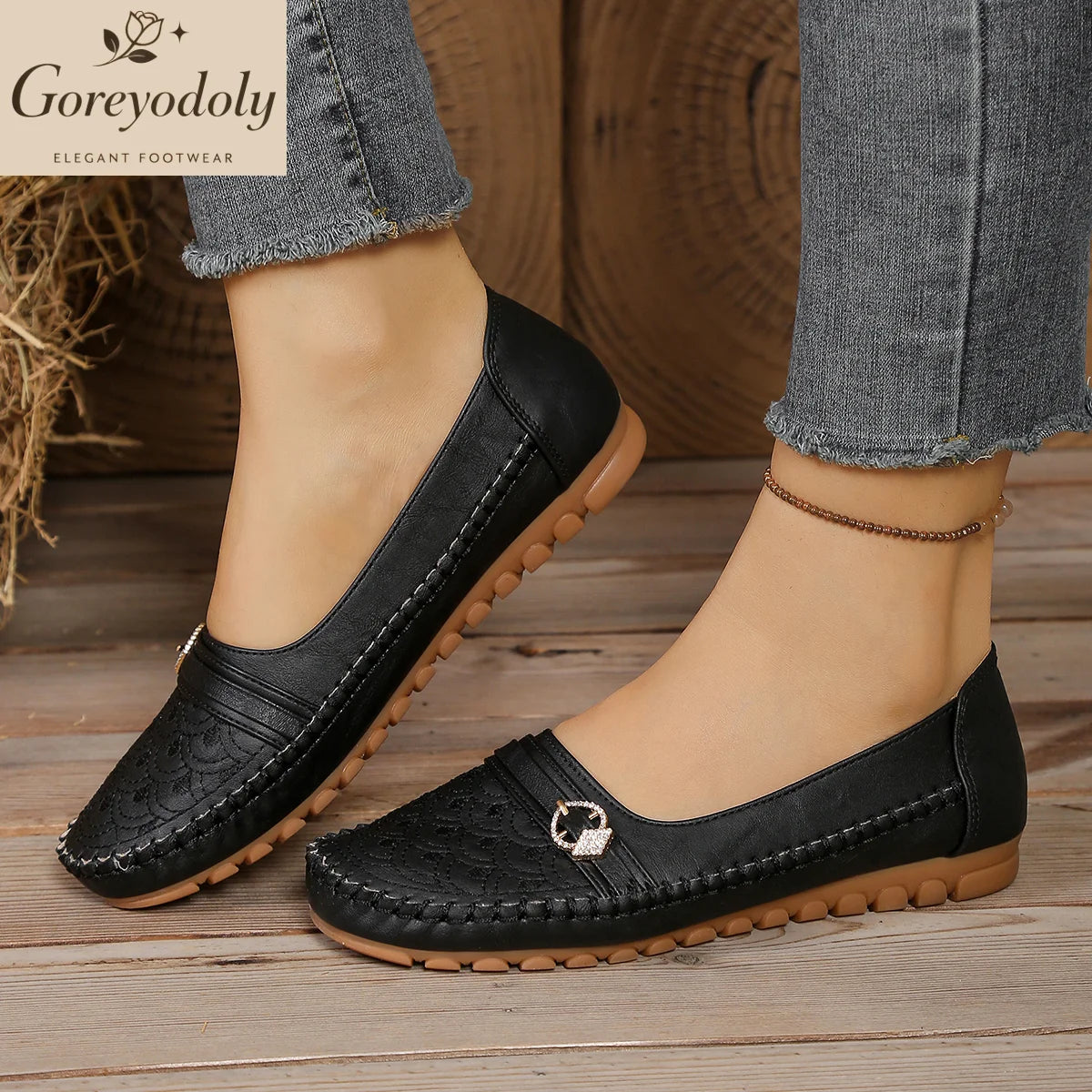 Mocassins Femme Confort ORTHO+ à Semelle Antidérapante - Finition Surpiqûre & Boucle à Strass