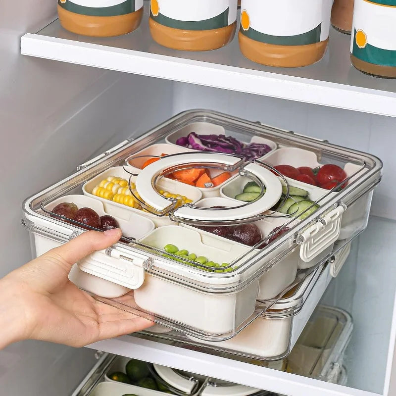 Plateau à Collations Rotatif avec Couvercle et Poignée – Boîte Compartimentée Portable pour Fruits, Bonbons, Noix et Apéritifs