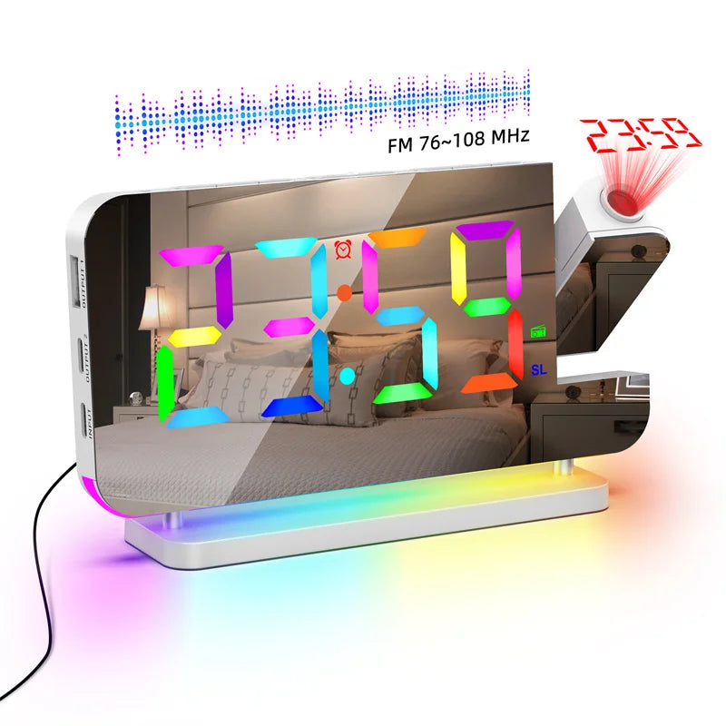 Réveil Projecteur 180° LED RGB avec Radio FM — Double USB, 6 Luminosités