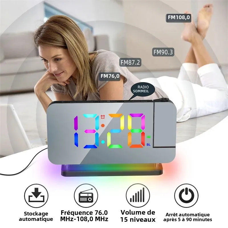 Réveil Projecteur 180° LED RGB avec Radio FM — Double USB, 6 Luminosités