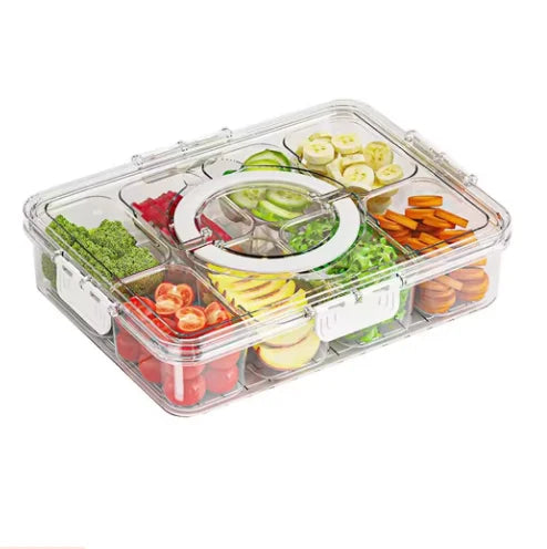 Plateau à Collations Rotatif avec Couvercle et Poignée – Boîte Compartimentée Portable pour Fruits, Bonbons, Noix et Apéritifs