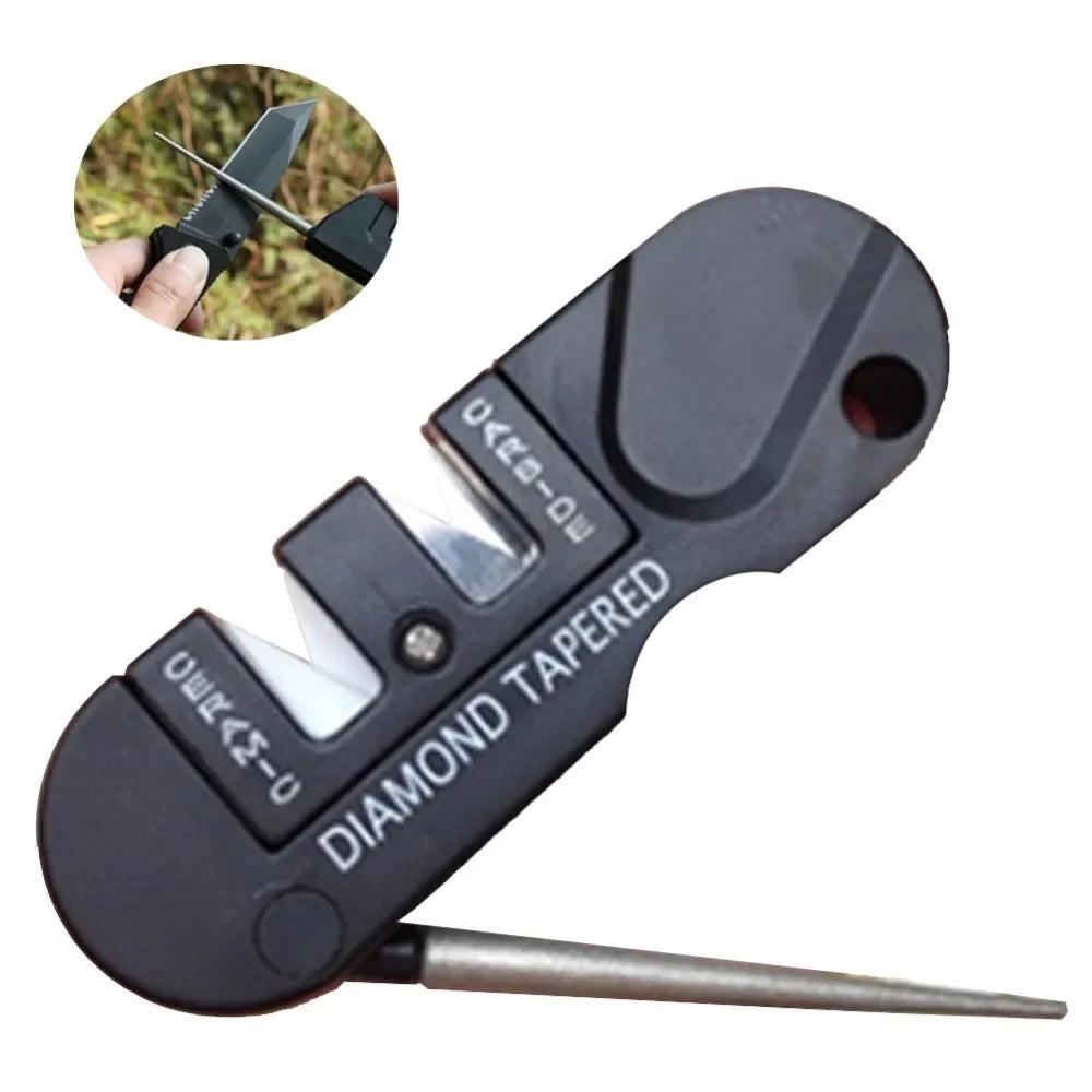 Mini Affûteur de Couteaux 3-en-1 – Aiguiseur Portable en Carbure de Tungstène, Céramique et Diamant pour Camping et Randonnée