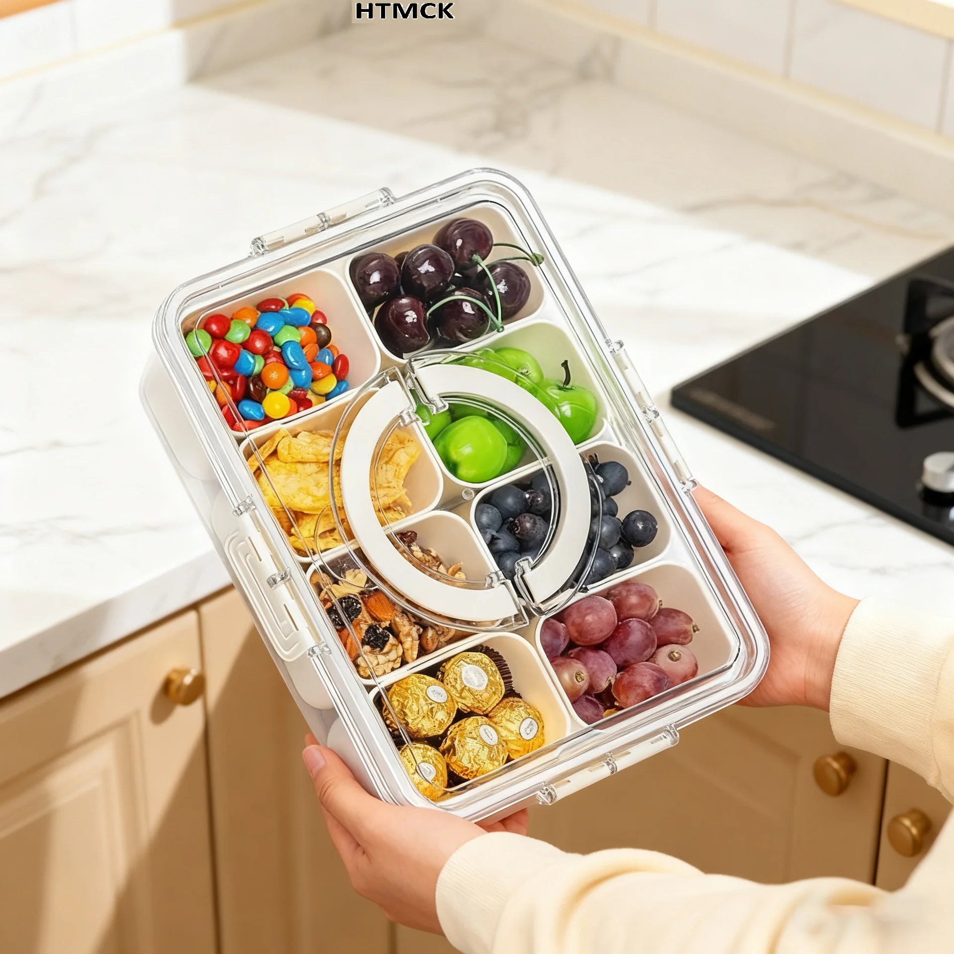 Plateau à Collations Rotatif avec Couvercle et Poignée – Boîte Compartimentée Portable pour Fruits, Bonbons, Noix et Apéritifs