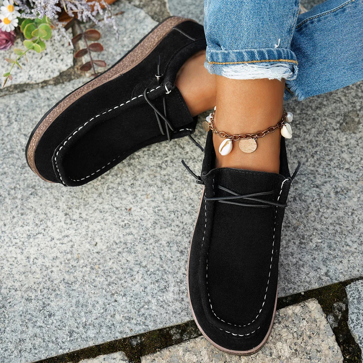 Mocassins Bateau à Lacets Décontractés en Suédine – Semelle Plate Confortable