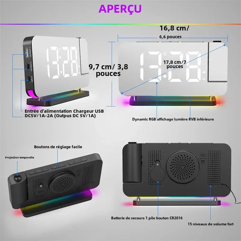 Réveil Projecteur 180° LED RGB avec Radio FM — Double USB, 6 Luminosités
