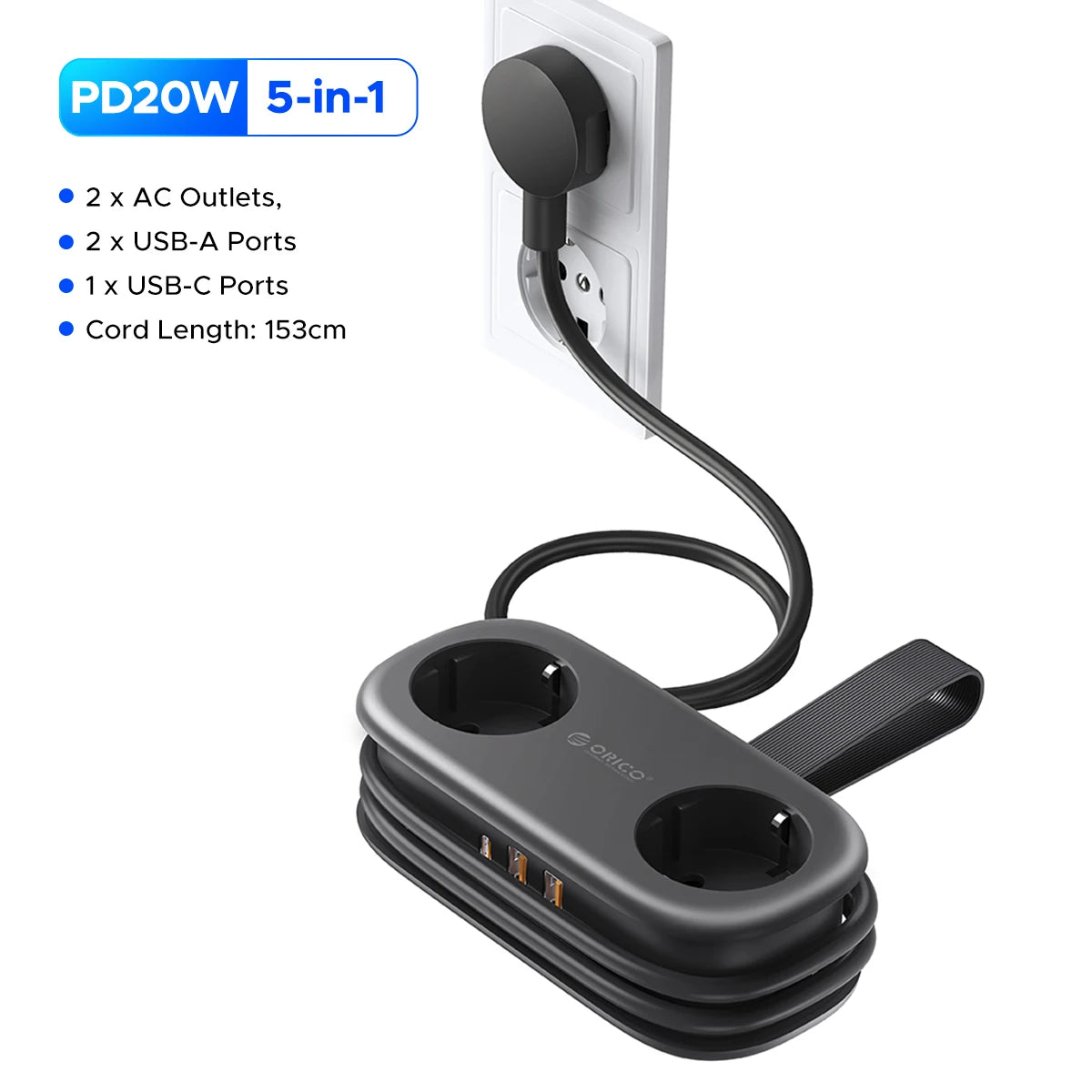 Multiprise Voyage Compacte 20W 2 Prises AC + 2 USB + Type-C — Câble 1.53m, Pliable