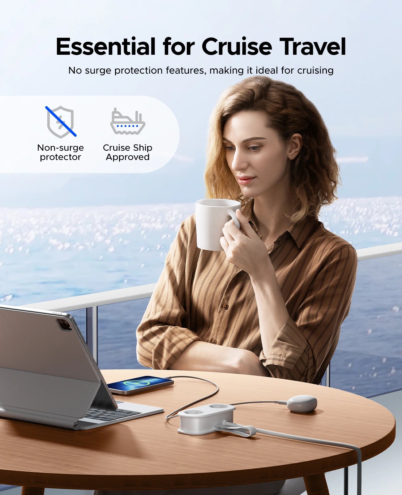 Multiprise Voyage Compacte 20W 2 Prises AC + 2 USB + Type-C — Câble 1.53m, Pliable