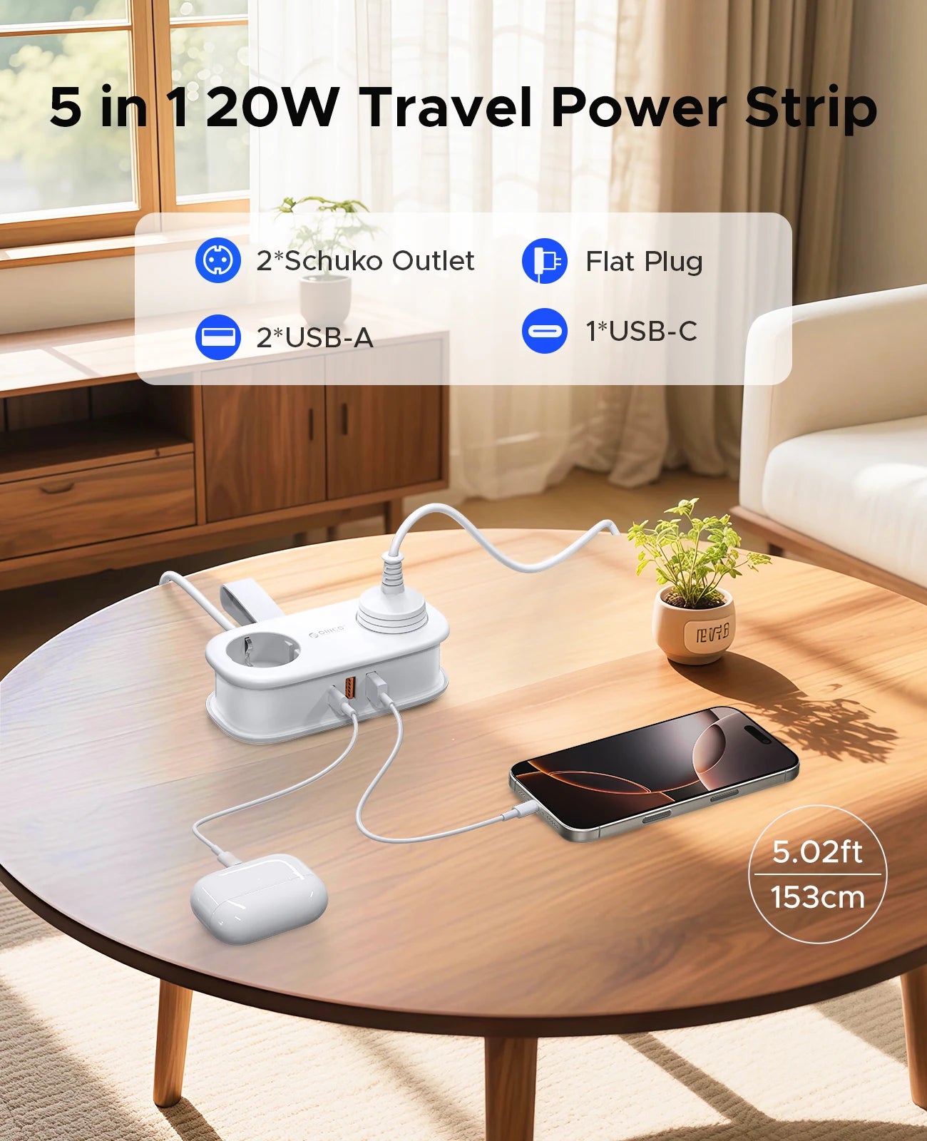Multiprise Voyage Compacte 20W 2 Prises AC + 2 USB + Type-C — Câble 1.53m, Pliable