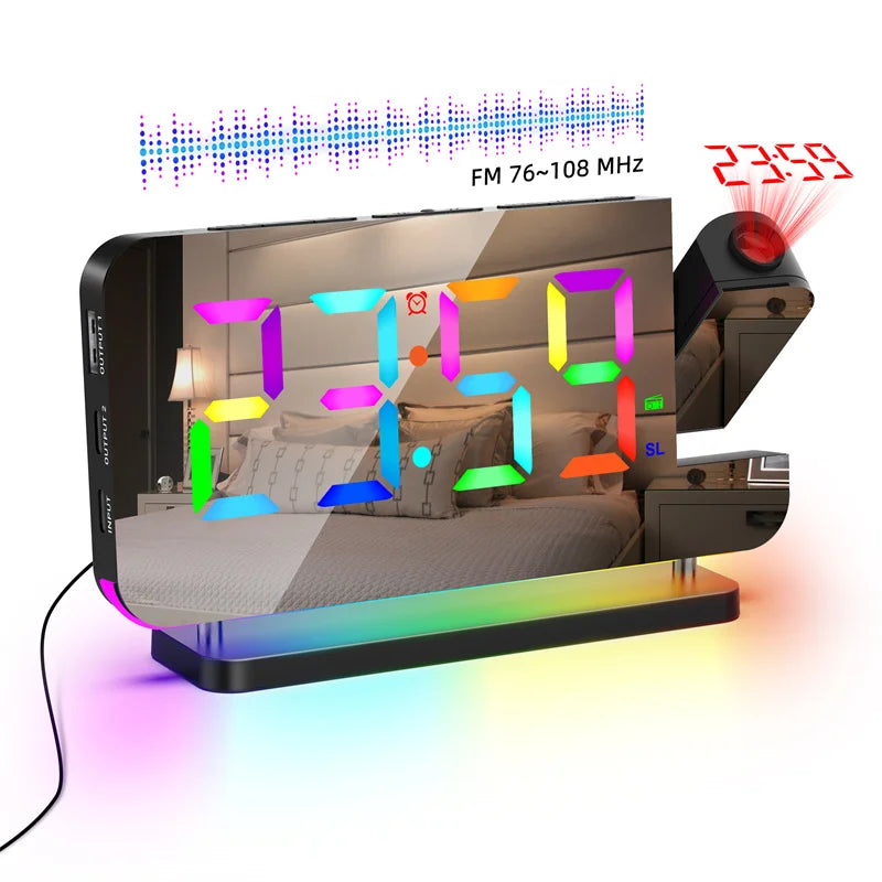 Réveil Projecteur 180° LED RGB avec Radio FM — Double USB, 6 Luminosités