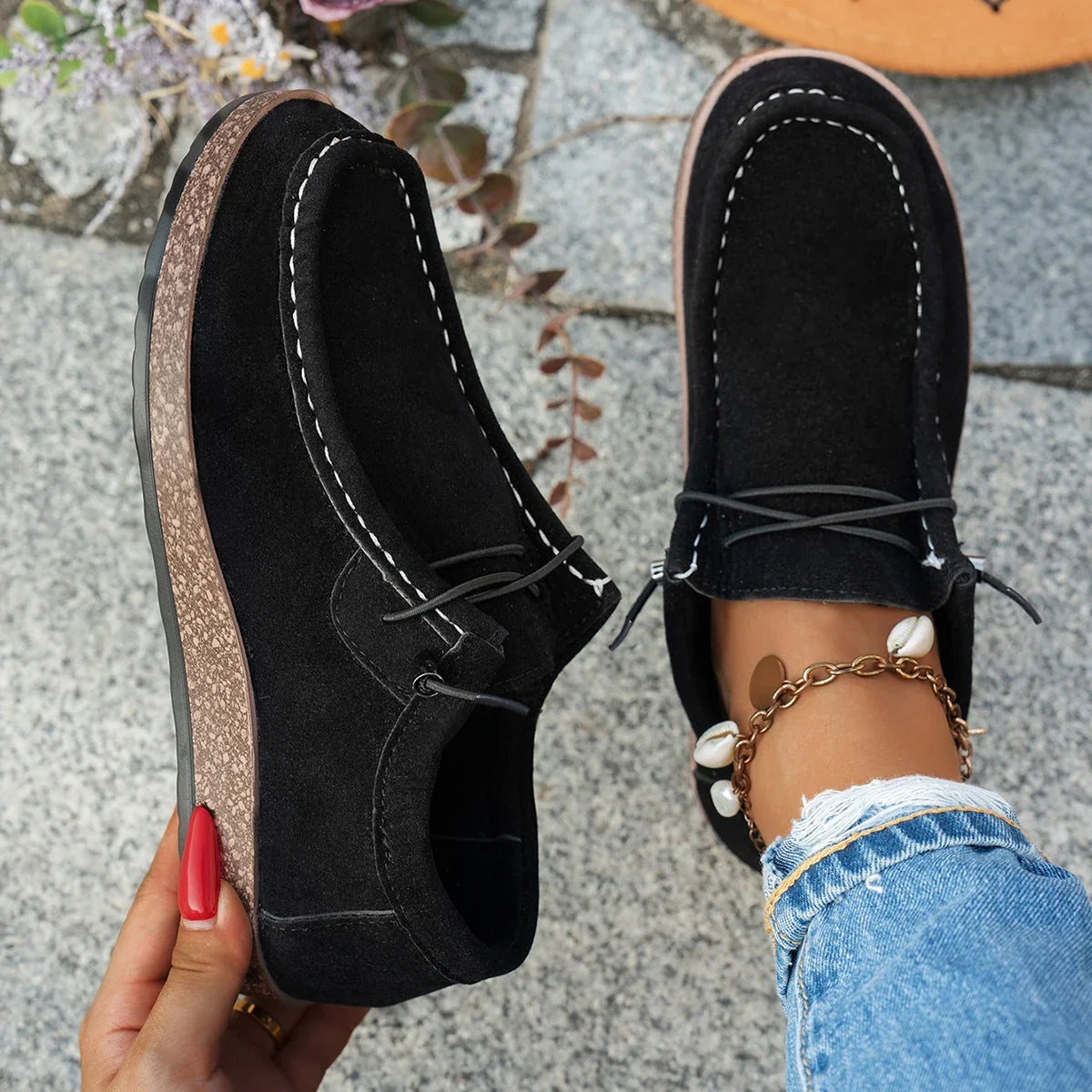 Mocassins Bateau à Lacets Décontractés en Suédine – Semelle Plate Confortable