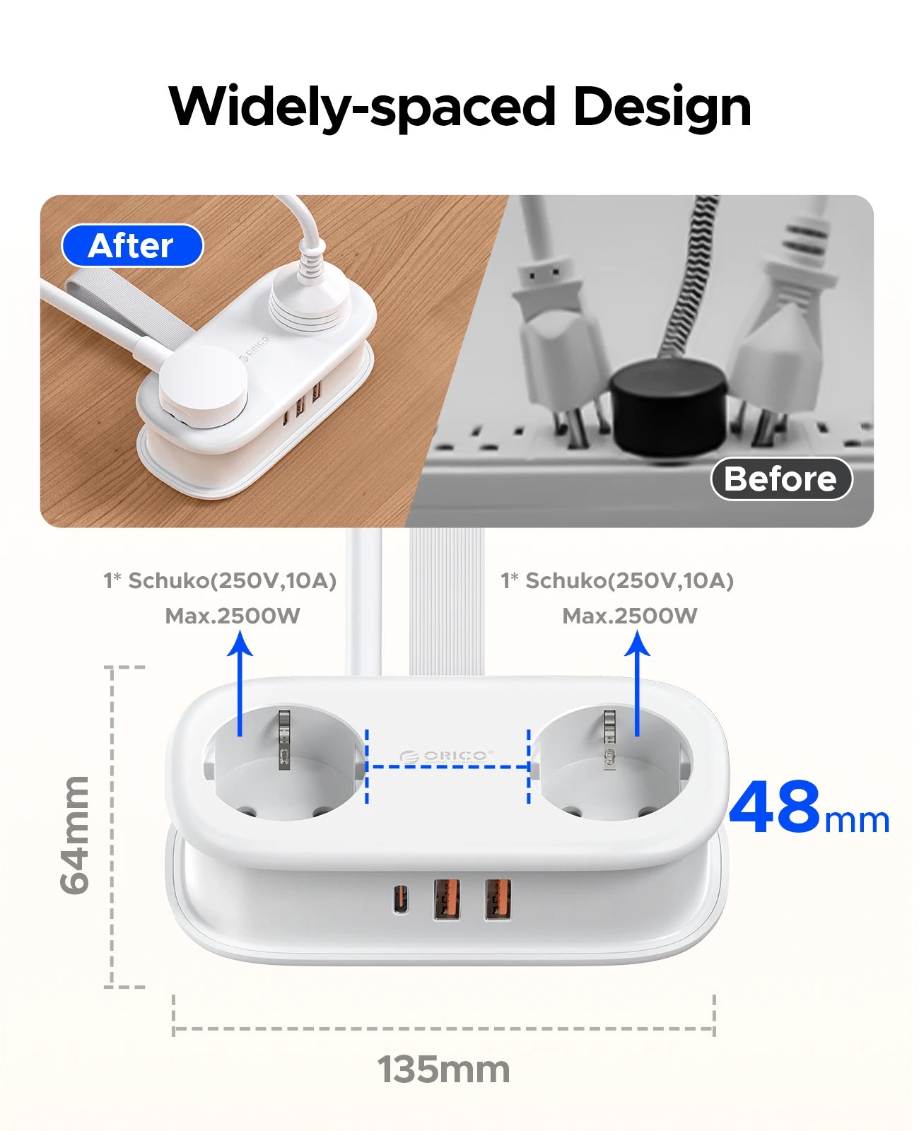 Multiprise Voyage Compacte 20W 2 Prises AC + 2 USB + Type-C — Câble 1.53m, Pliable