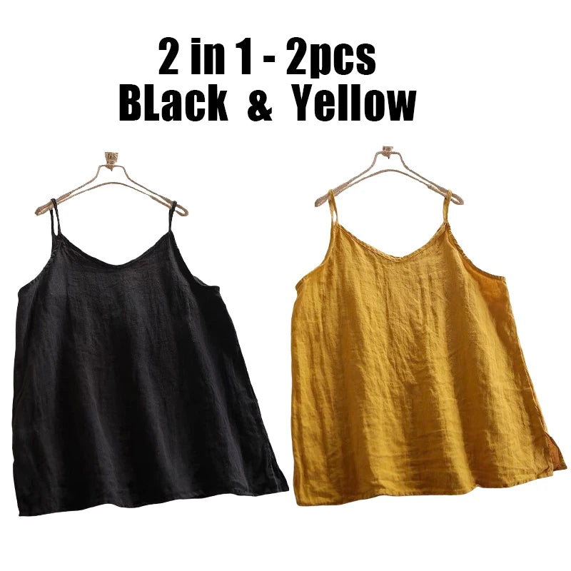 Lot de 2 Débardeurs Femme en Lin & Coton – Col V & Coupe Ample