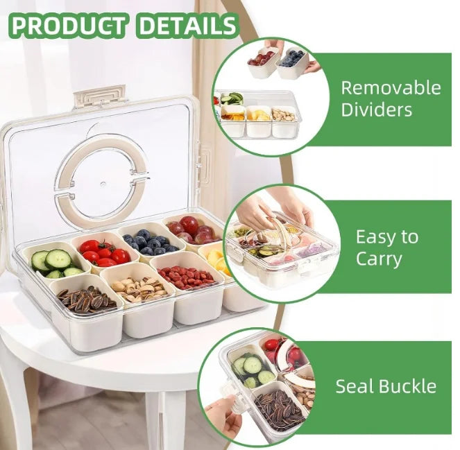 Plateau à Collations Rotatif avec Couvercle et Poignée – Boîte Compartimentée Portable pour Fruits, Bonbons, Noix et Apéritifs