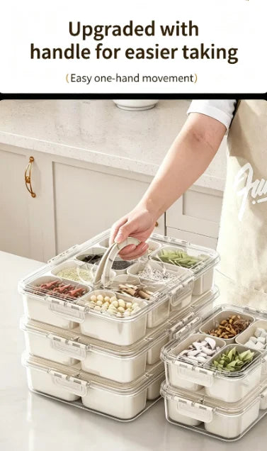 Plateau à Collations Rotatif avec Couvercle et Poignée – Boîte Compartimentée Portable pour Fruits, Bonbons, Noix et Apéritifs