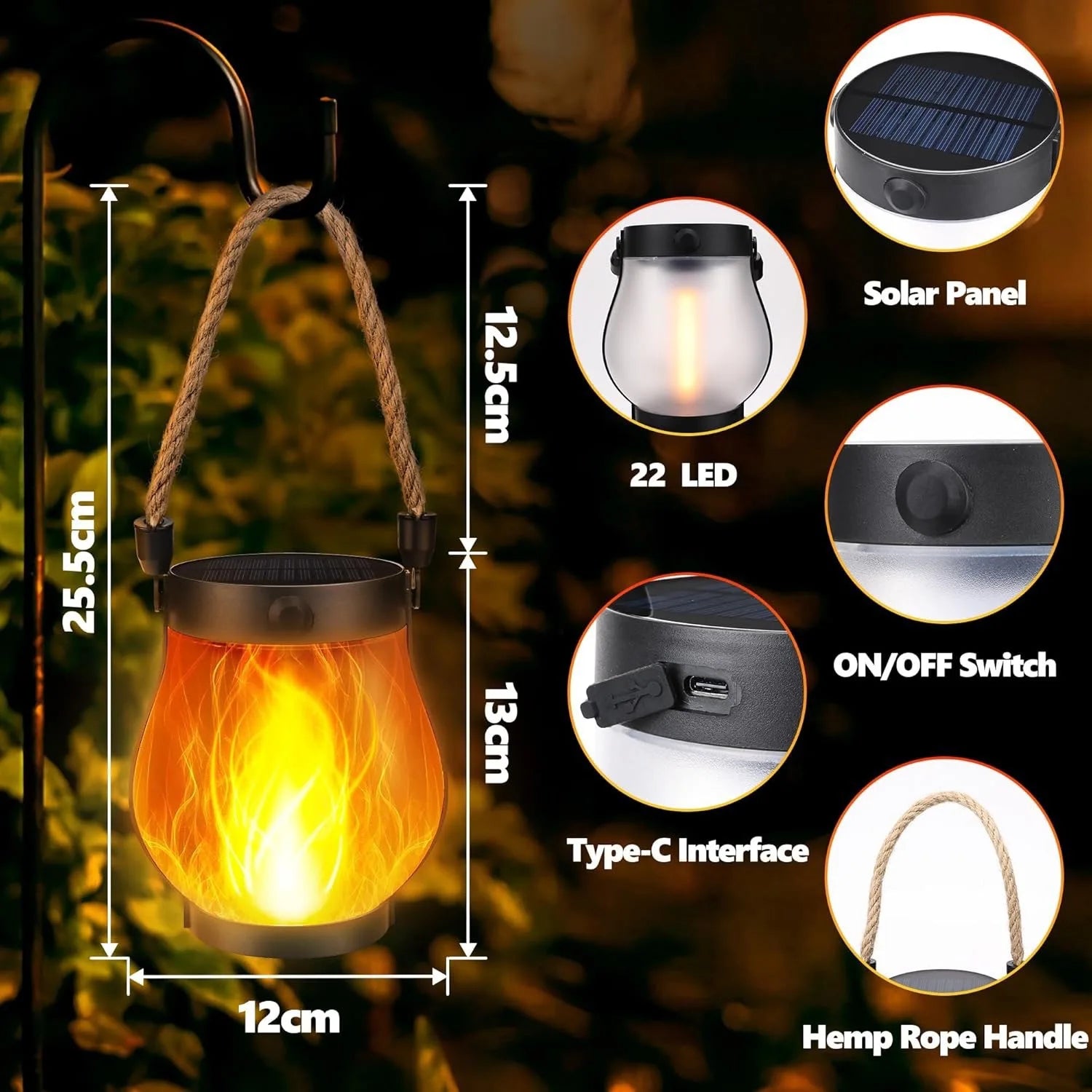Lanterne Solaire à Flamme 3D Vacillante — Design Étanche