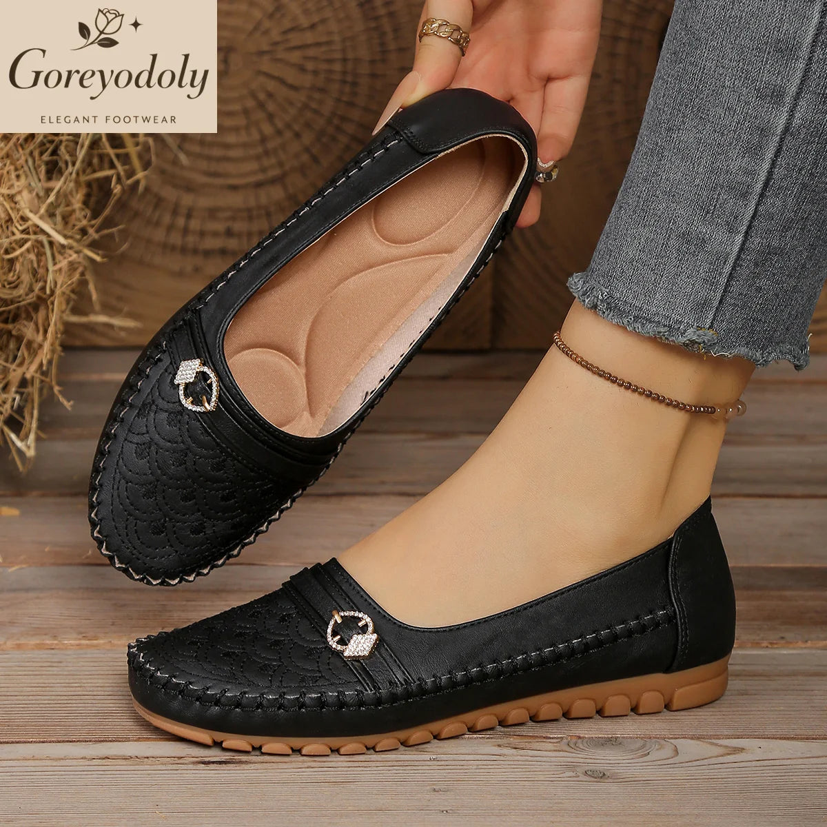 Mocassins Femme Confort ORTHO+ à Semelle Antidérapante - Finition Surpiqûre & Boucle à Strass