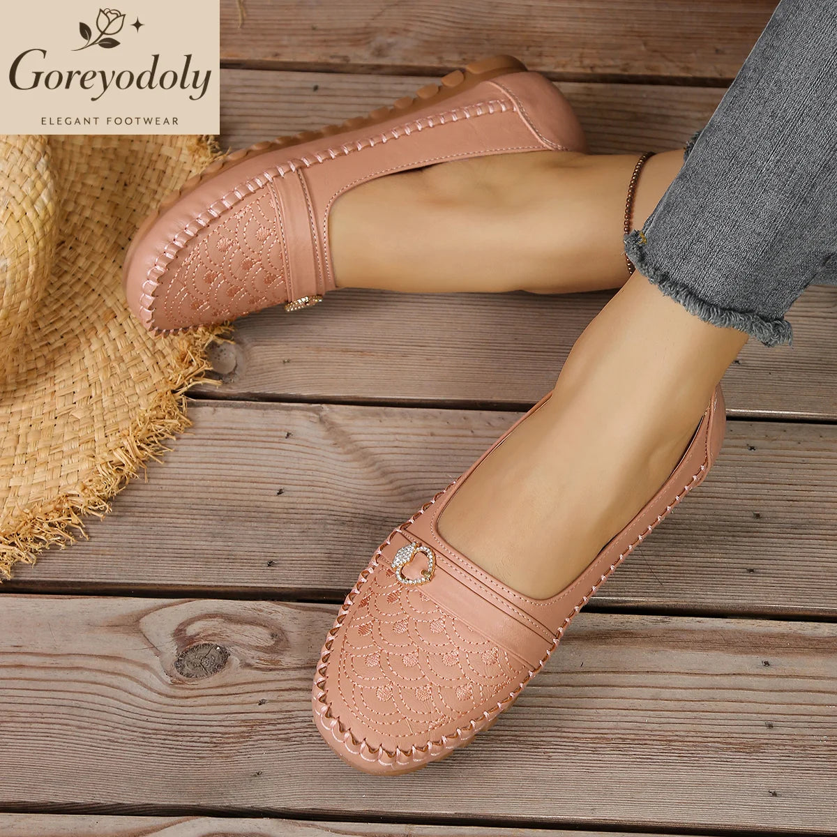Mocassins Femme Confort ORTHO+ à Semelle Antidérapante - Finition Surpiqûre & Boucle à Strass