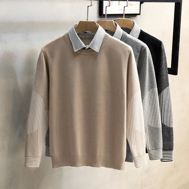 Pull 2 en 1 avec Chemise à Rayures et Détails Manches - Homme