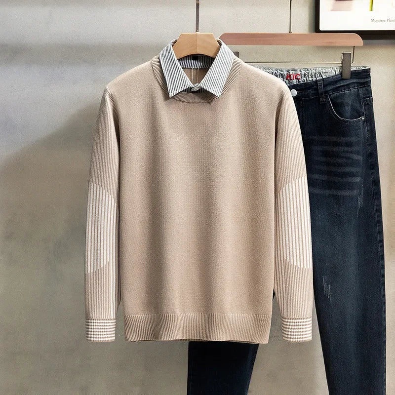 Pull 2 en 1 avec Chemise à Rayures et Détails Manches - Homme