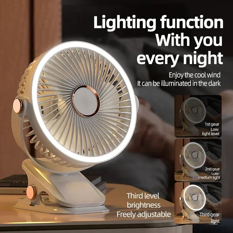 Ventilateur portable 360° facile à clipser - Eclairage LED intégré