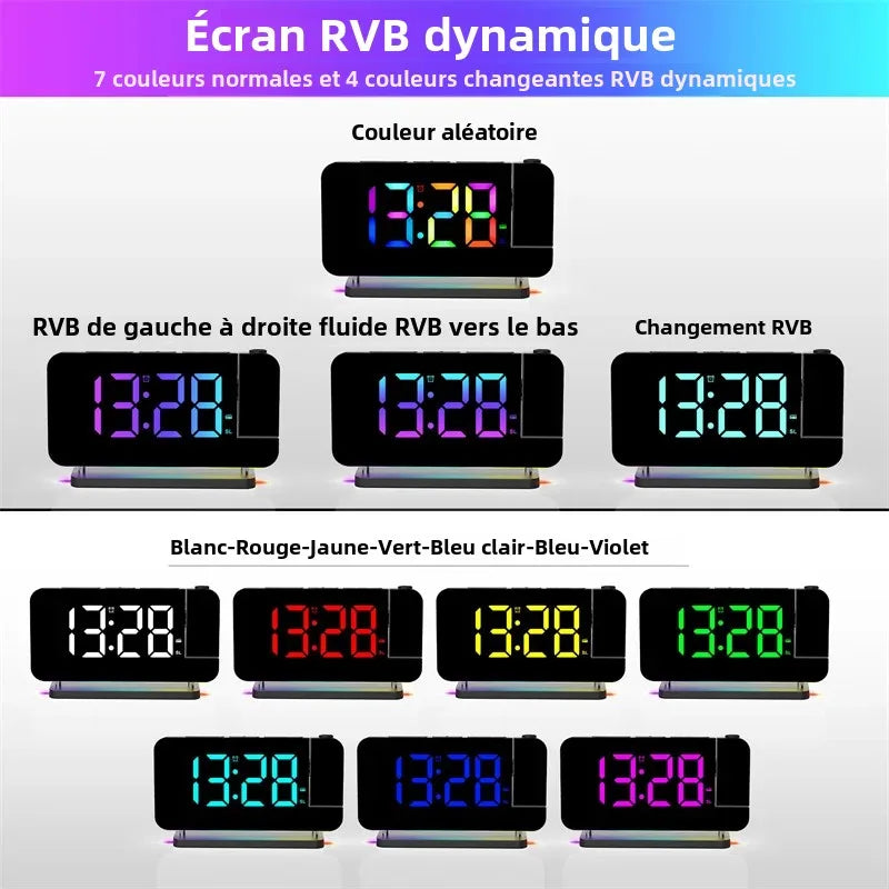 Réveil Projecteur 180° LED RGB avec Radio FM — Double USB, 6 Luminosités