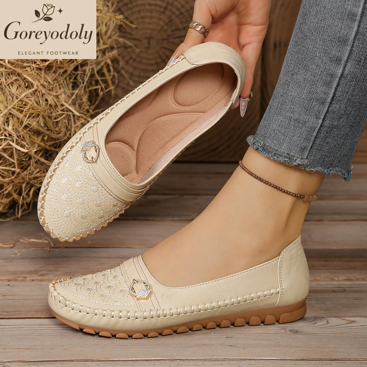 Mocassins Femme Confort ORTHO+ à Semelle Antidérapante - Finition Surpiqûre & Boucle à Strass