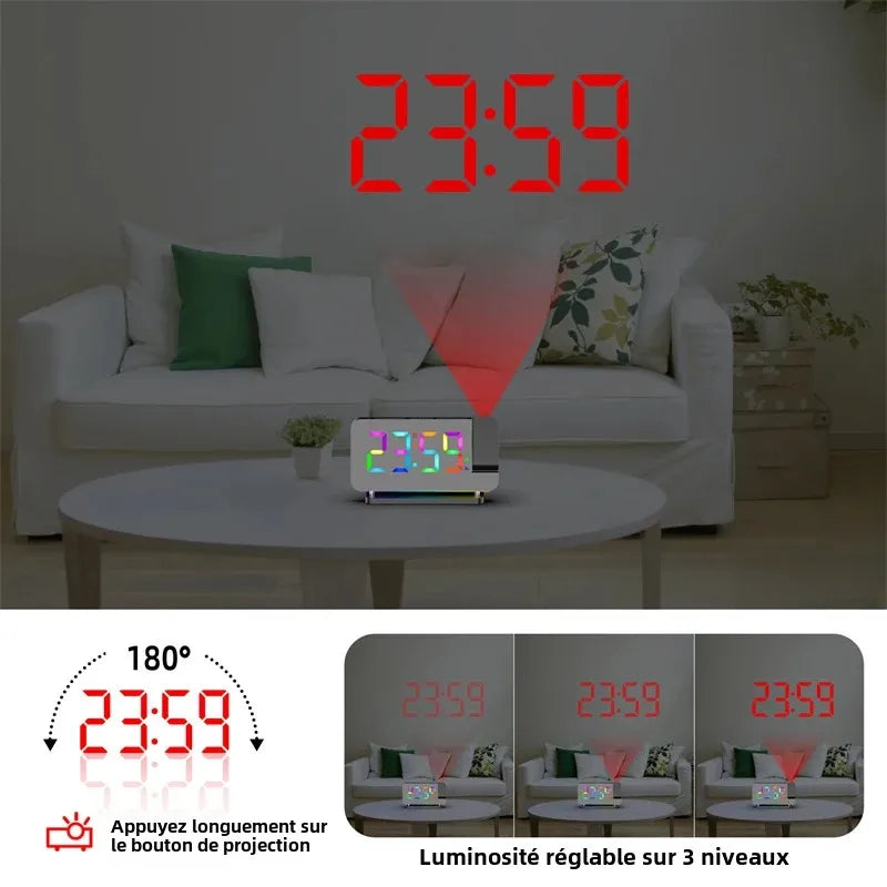 Réveil Projecteur 180° LED RGB avec Radio FM — Double USB, 6 Luminosités