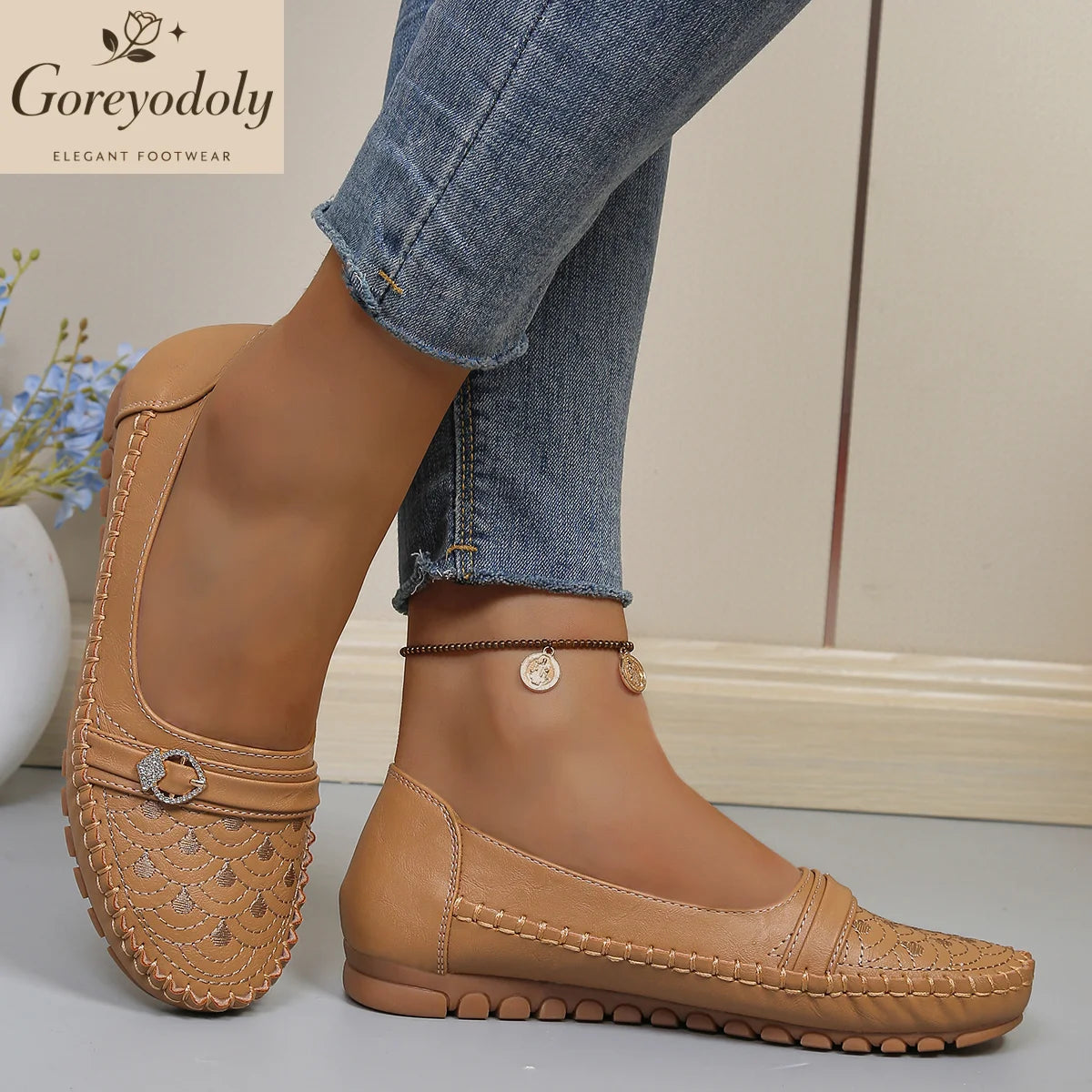 Mocassins Femme Confort ORTHO+ à Semelle Antidérapante - Finition Surpiqûre & Boucle à Strass