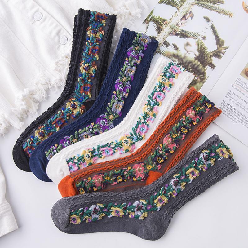 Chaussettes à Fleurs Brodées Vintage (5 paires) - Stockmania